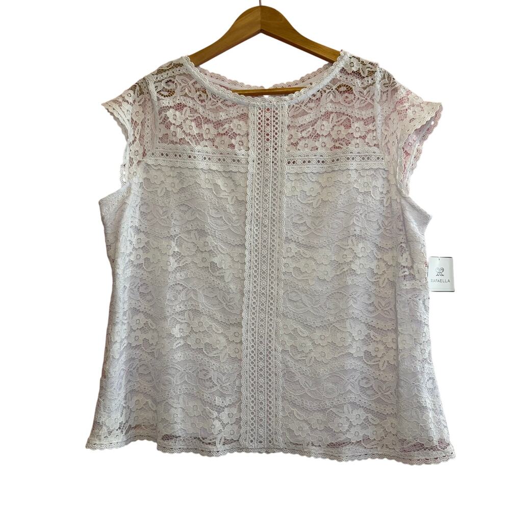 RAFAELLA White Lace Cap Sleeve Blouse 1X NWT‎ Lined Romantic Plus Size Top